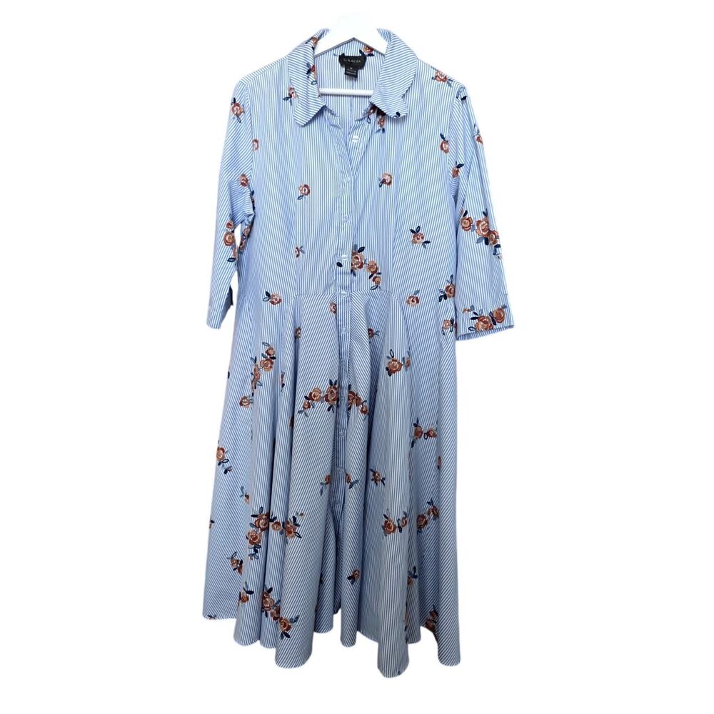 Blue Floral Stripe Shirt Dress - Women's Casual Collared Dress